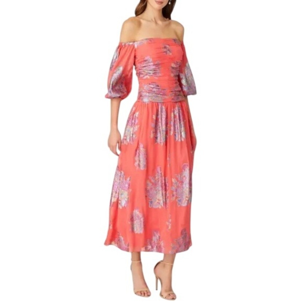 Shoshanna Ruched Off - Shoulder Floral Chiffon Midi Dress size 0 Silk‎